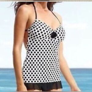 Kenneth Cole Reaction 1PC Swim Black & White Dots Ruffle Hem Women's Size Large